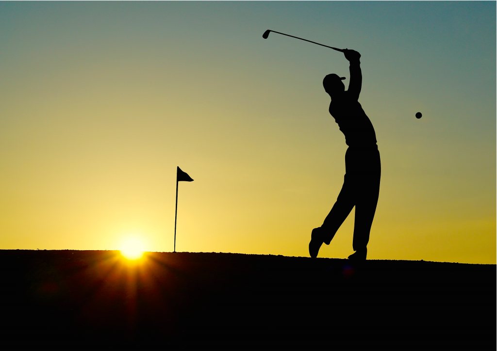 sunset, man golfing