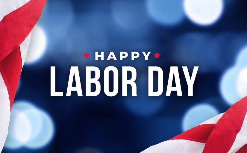Happy Labor Day Holiday Typography with Blue Bokeh Lights Background Texture and Patriotic American Flags