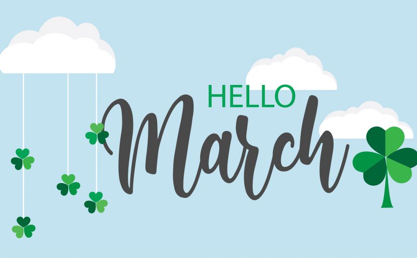 Hello March vector background. Cute lettering banner with clouds and clovers illustration.