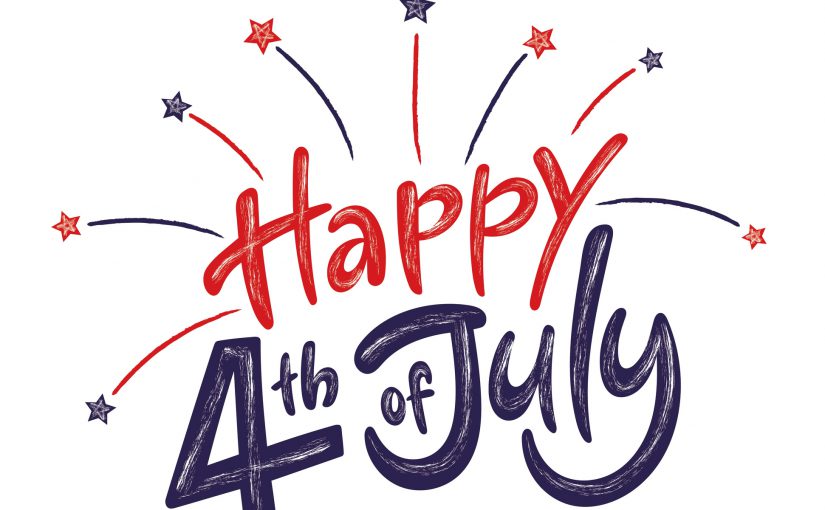 Happy 4th of July Independence day USA handwritten phrase with stars and firework isolated on white background. Vector lettering illustration.