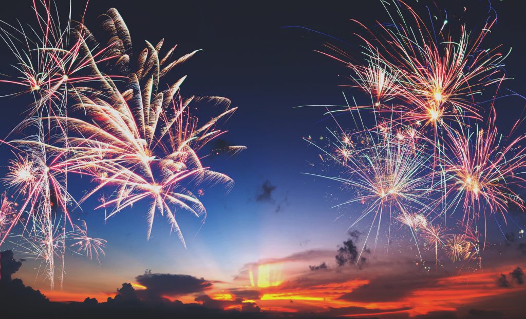 Firework with sky and beach at sunset