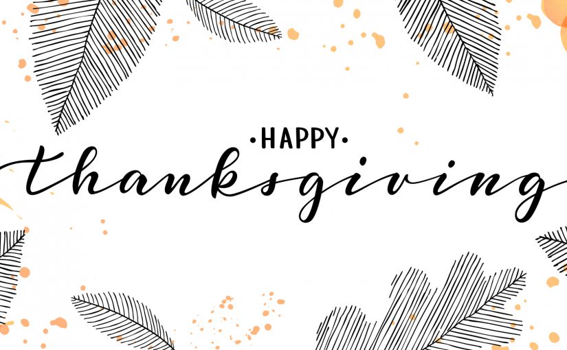 happy thanksgiving brush pen lettering. watercolor splash and linear leaves background. design holiday greeting card and invitation of seasonal american and autumn holiday.